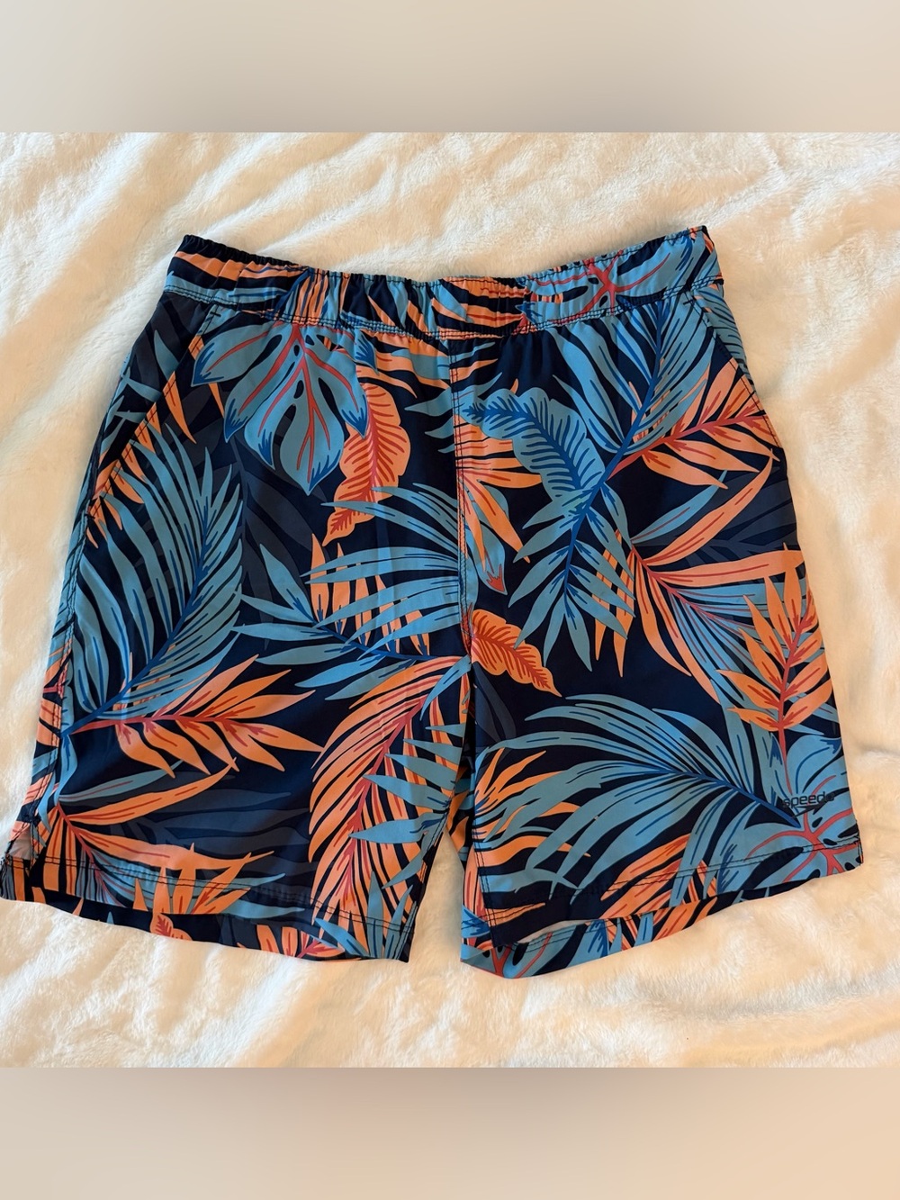 Speedo Swim Trunks Mens Medium Blue Tropical Palm Tech Volley Board Shorts